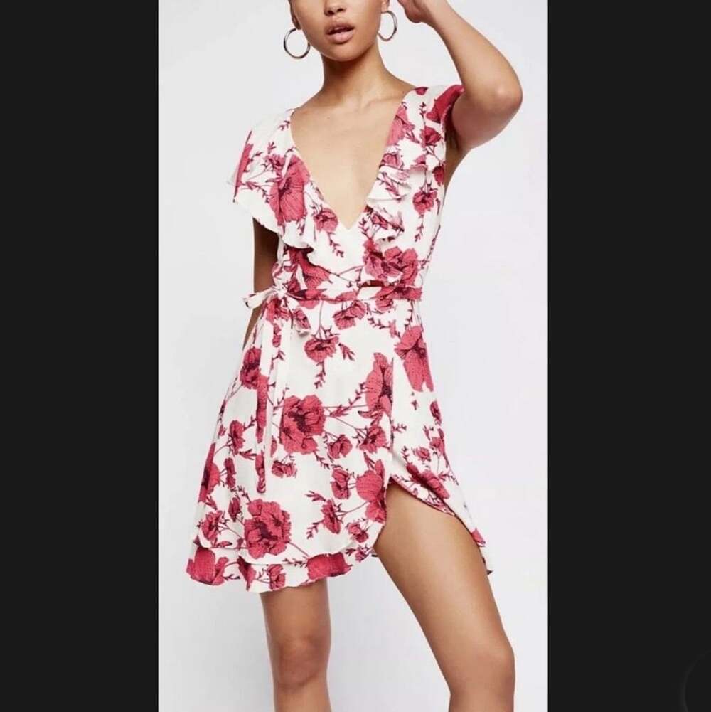 Free People French Quarter Pink Floral Mini Wrap Dress Size L